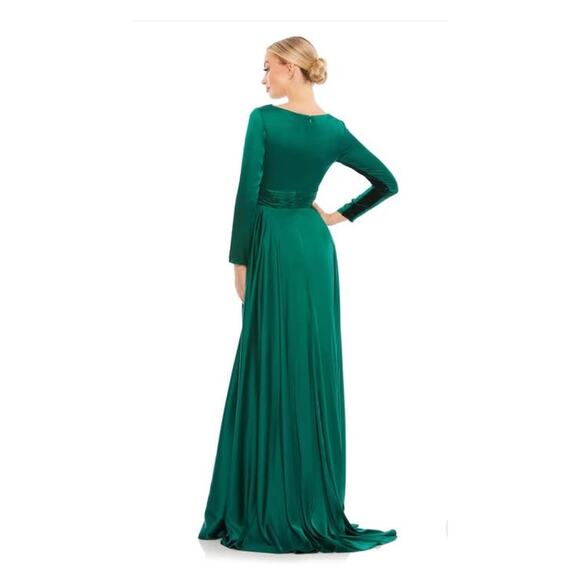Mac Duggal NEW Size 14 Emerald Green Long Sleeve Ruched Waist A Line Gown 55245 - Picture 2 of 7